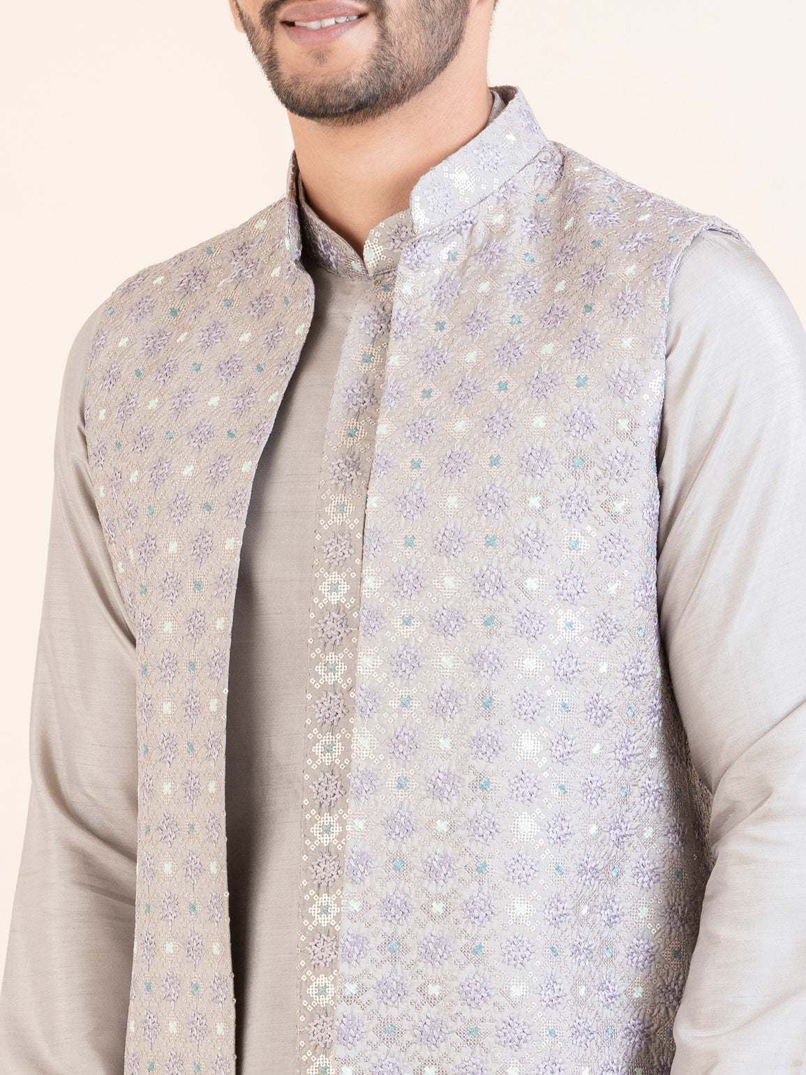 Lilac Embroidered Long Jacket Kurta Set