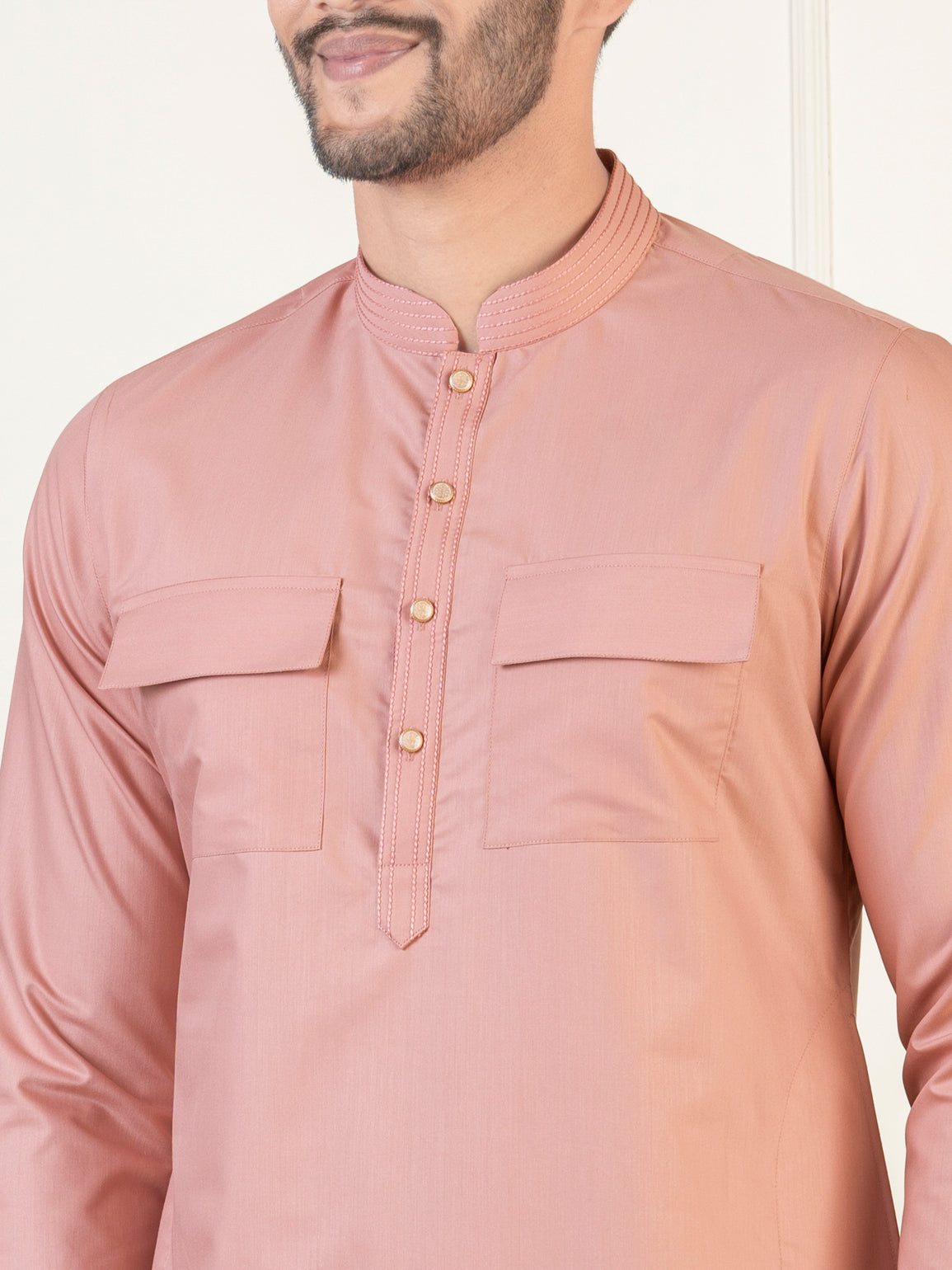 Dark Pink Cotton Pathani Kurta Set with Patch pocket