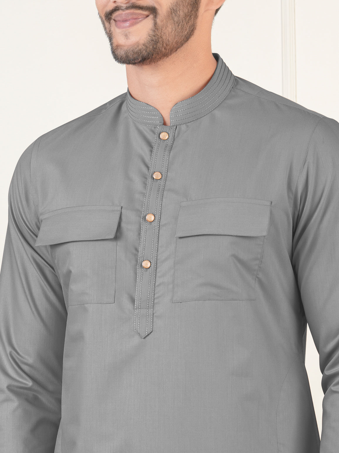 Grey Cotton Pathani Kurta Set with Patch pocket