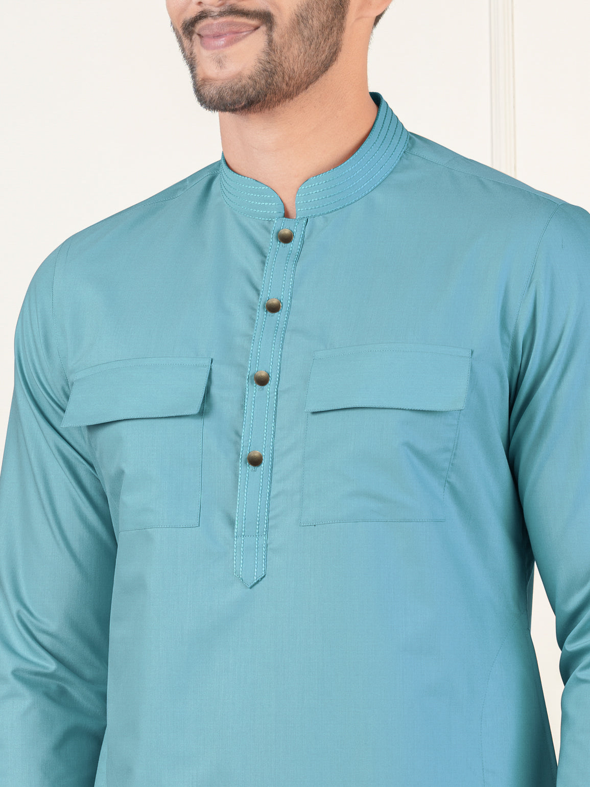 Teal Cotton Pathani Kurta Set with Patch pocket