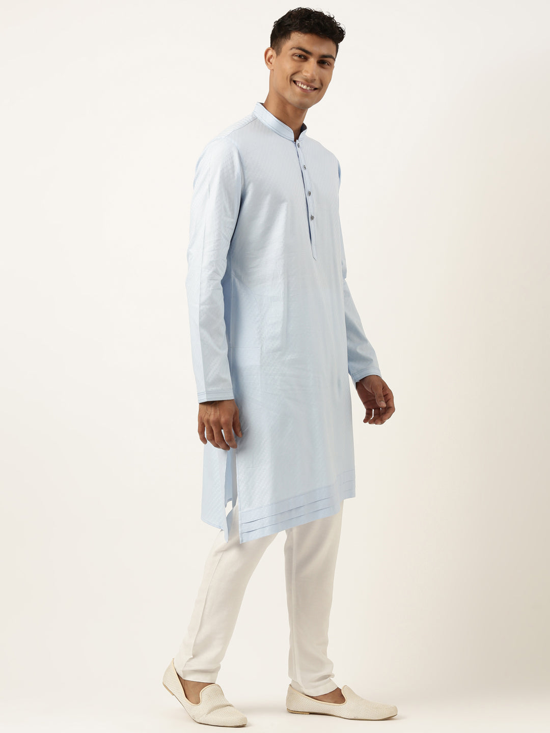 Powder Blue Jacquard Jacket W Blue Cotton Kurta