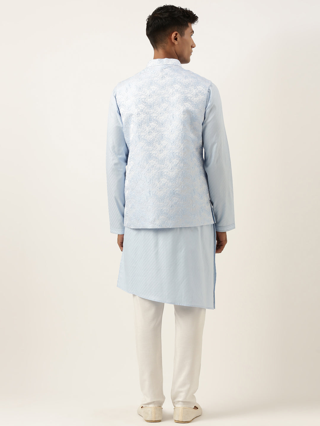 Powder Blue Jacquard Jacket W Blue Cotton Kurta