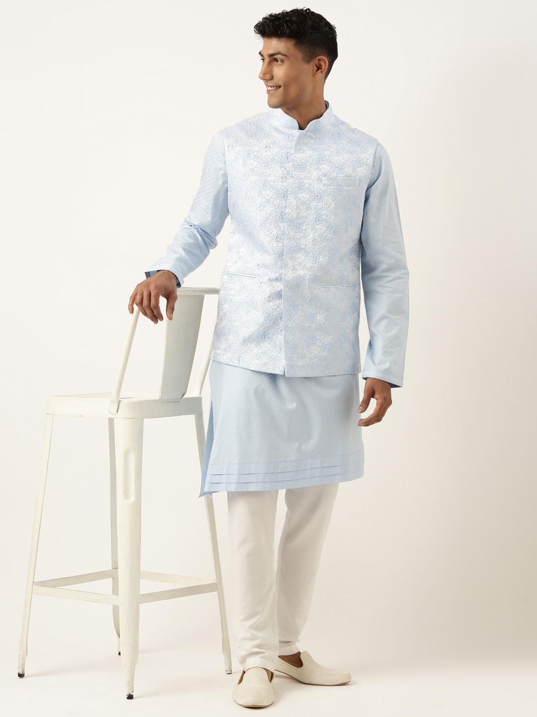 Powder Blue Jacquard Jacket W Blue Cotton Kurta