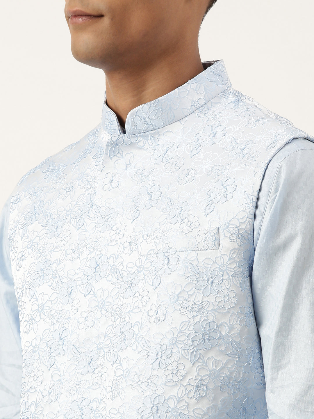 Powder Blue Jacquard Jacket W Blue Cotton Kurta