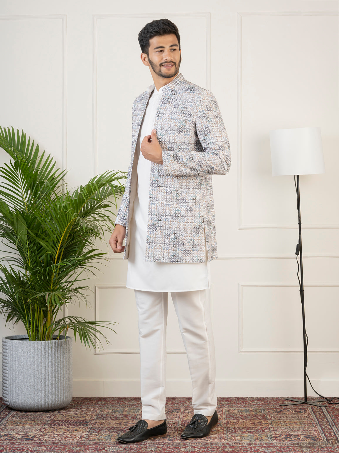 Grey Printed Embroidered Indo Set