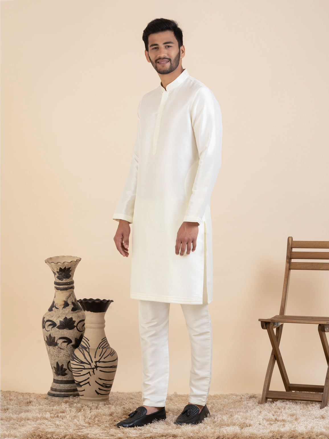 Cream Embroidered Kurta Set