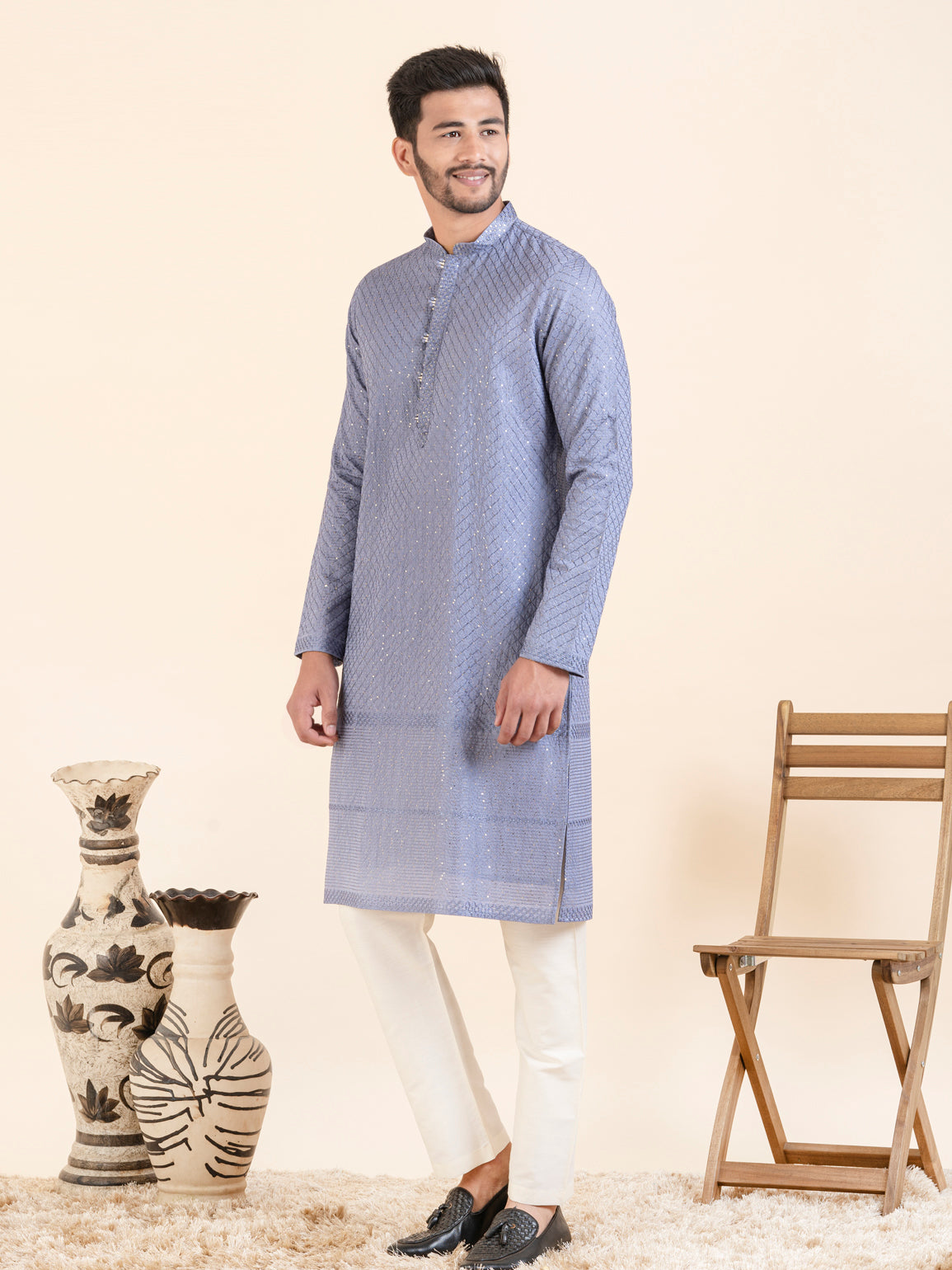 Blueish Grey Embroidered Kurta Set