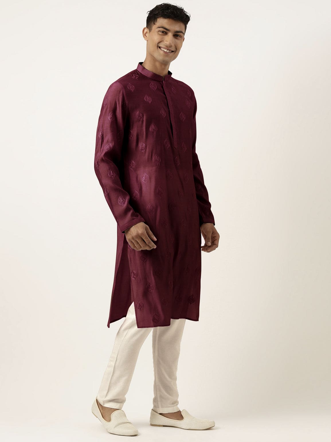 Wine Embroidered Kurta Set