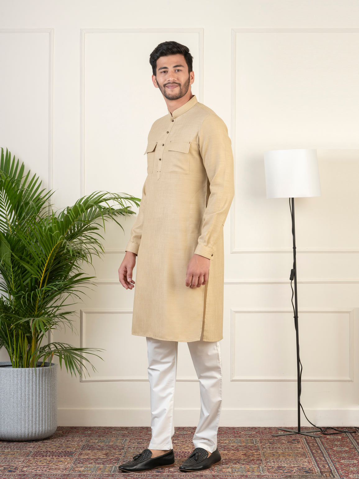 Beige Cotton Pathani Kurta Set with Patch pocket