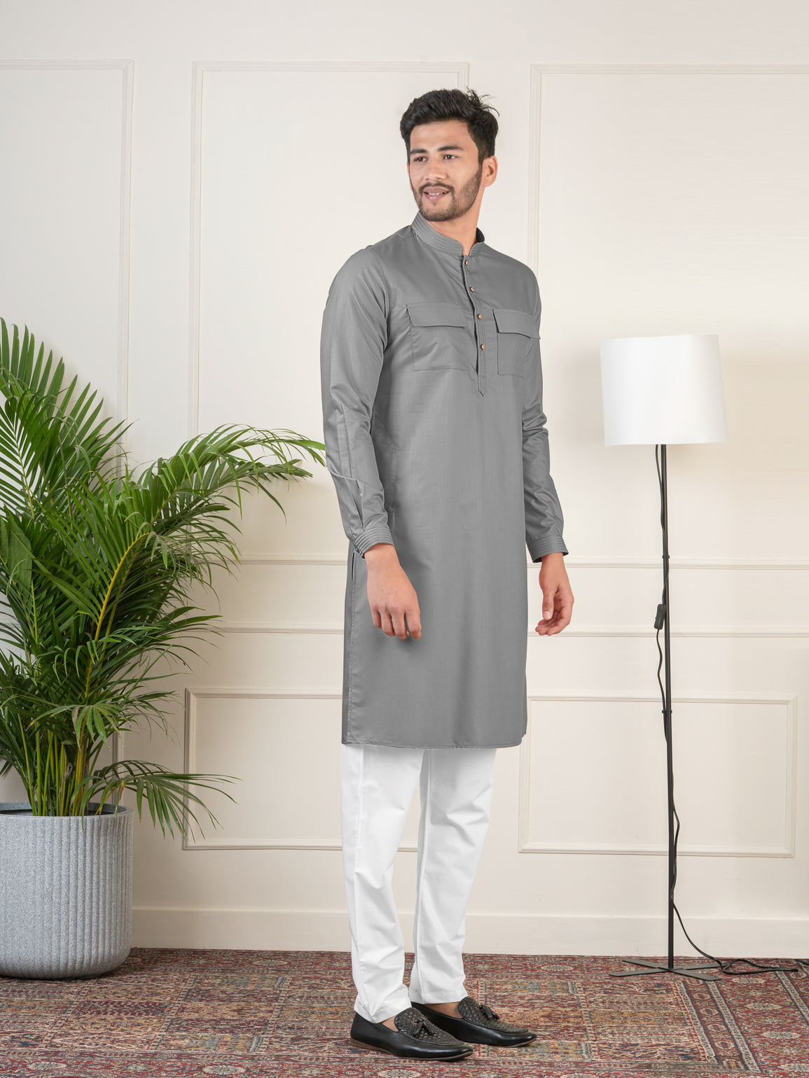 Grey Cotton Pathani Kurta Set with Patch pocket