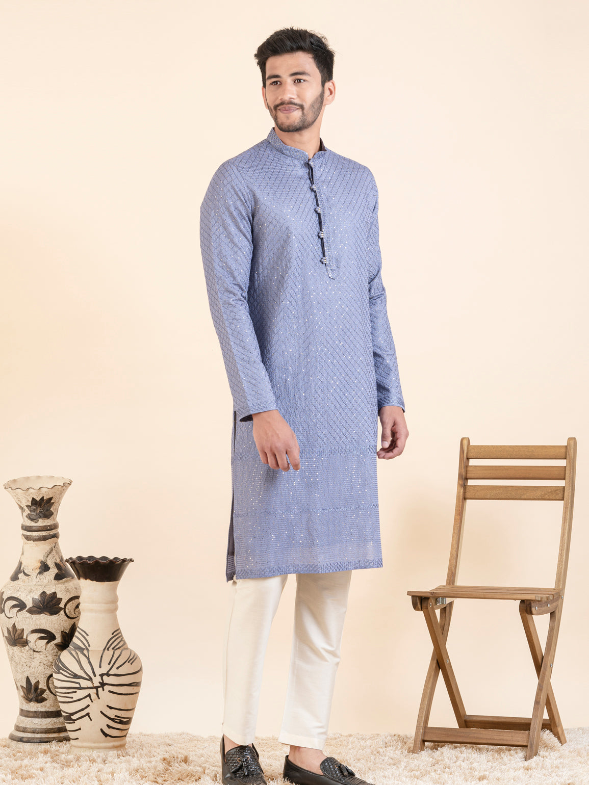 Blueish Grey Embroidered Kurta Set