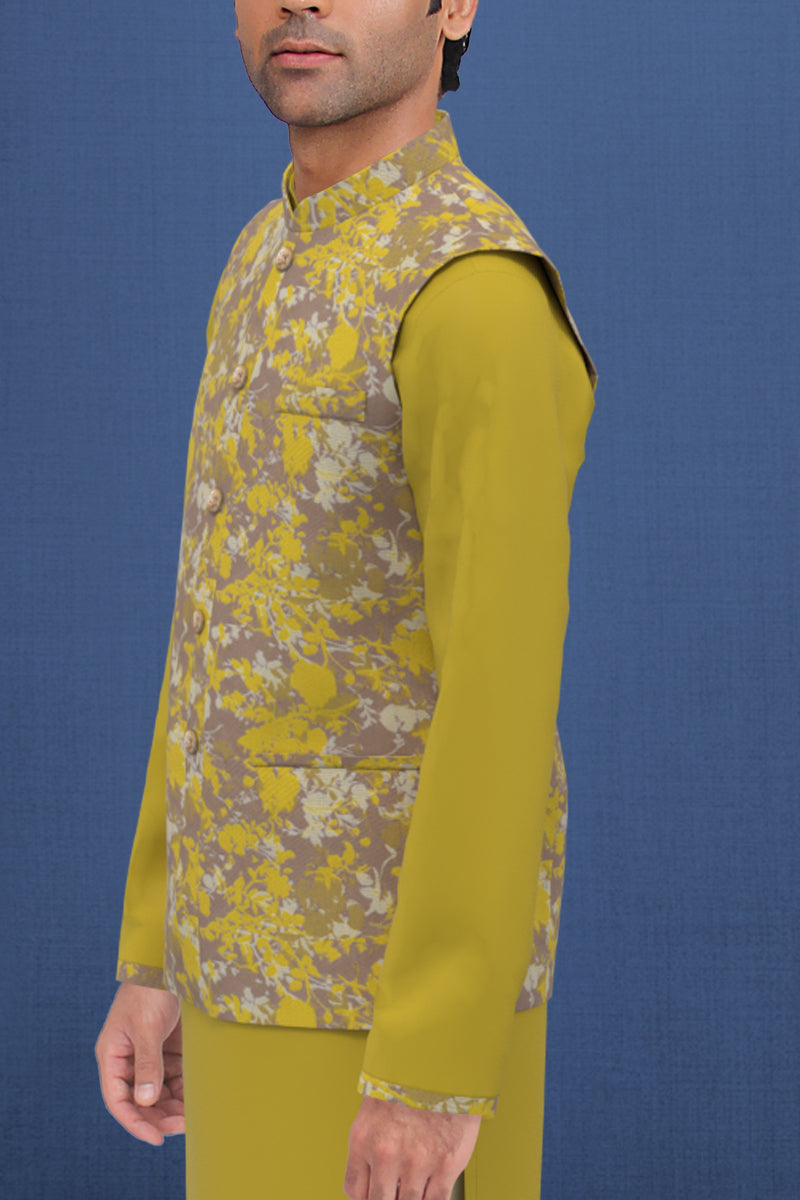 Yellow Floral Jacquard Jacket With Mustard Kurta