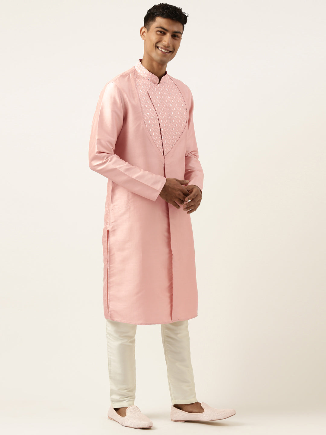 Peach Embroidery Angrakha Kurta Set