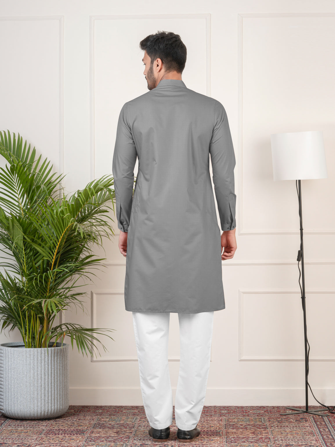 Grey Cotton Pathani Kurta Set with Patch pocket