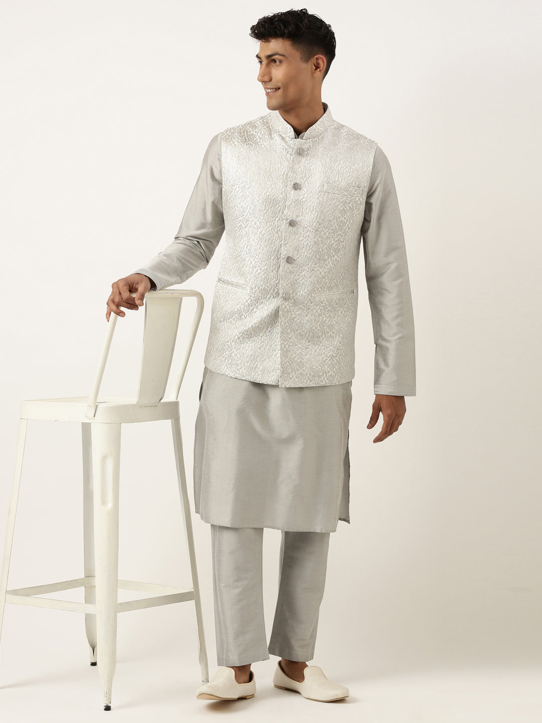 Steel Grey Jacquard Jacket With  Grey kurta