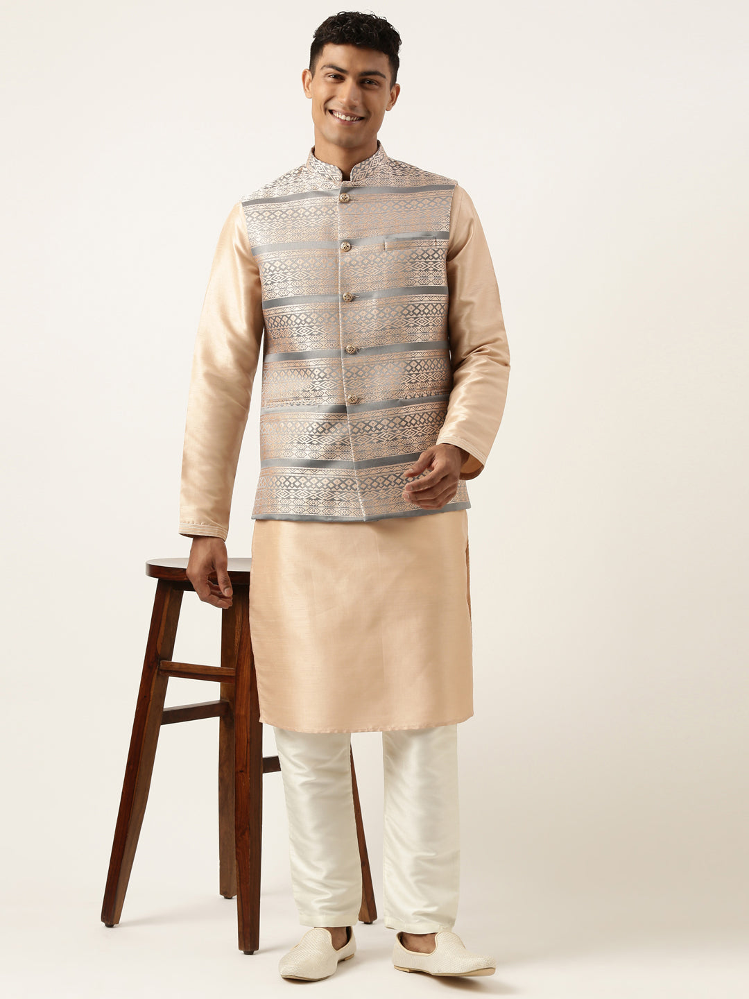 Grey Peach Jacquard Jacket With Peach Kurta