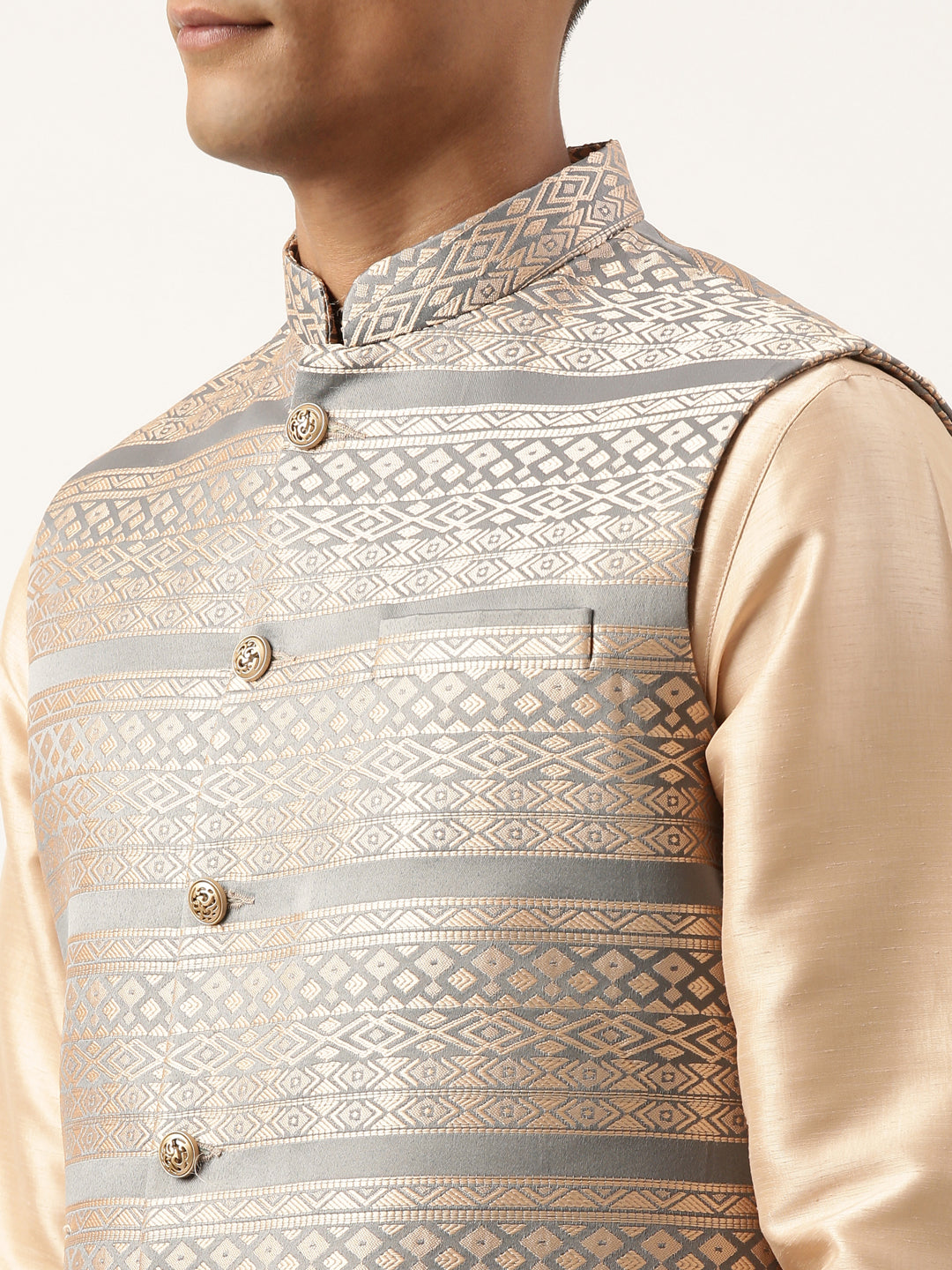 Grey Peach Jacquard Jacket With Peach Kurta