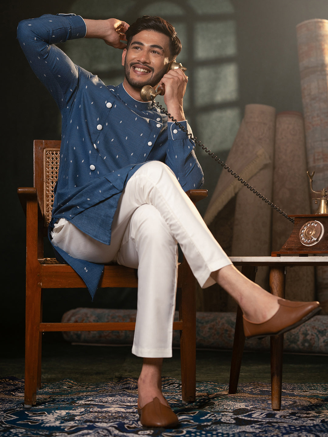 Denim Blue Design Asymmetrical Kurta Set