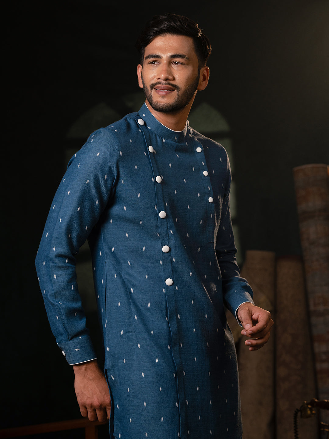 Denim Blue Design Asymmetrical Kurta Set