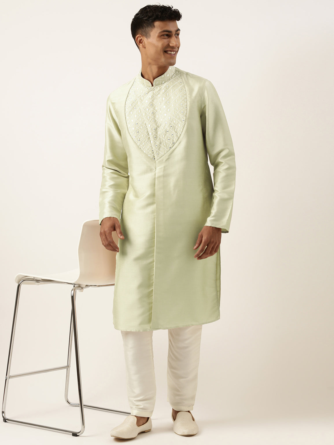 Light Green Embroidery Angrakha Kurta Set