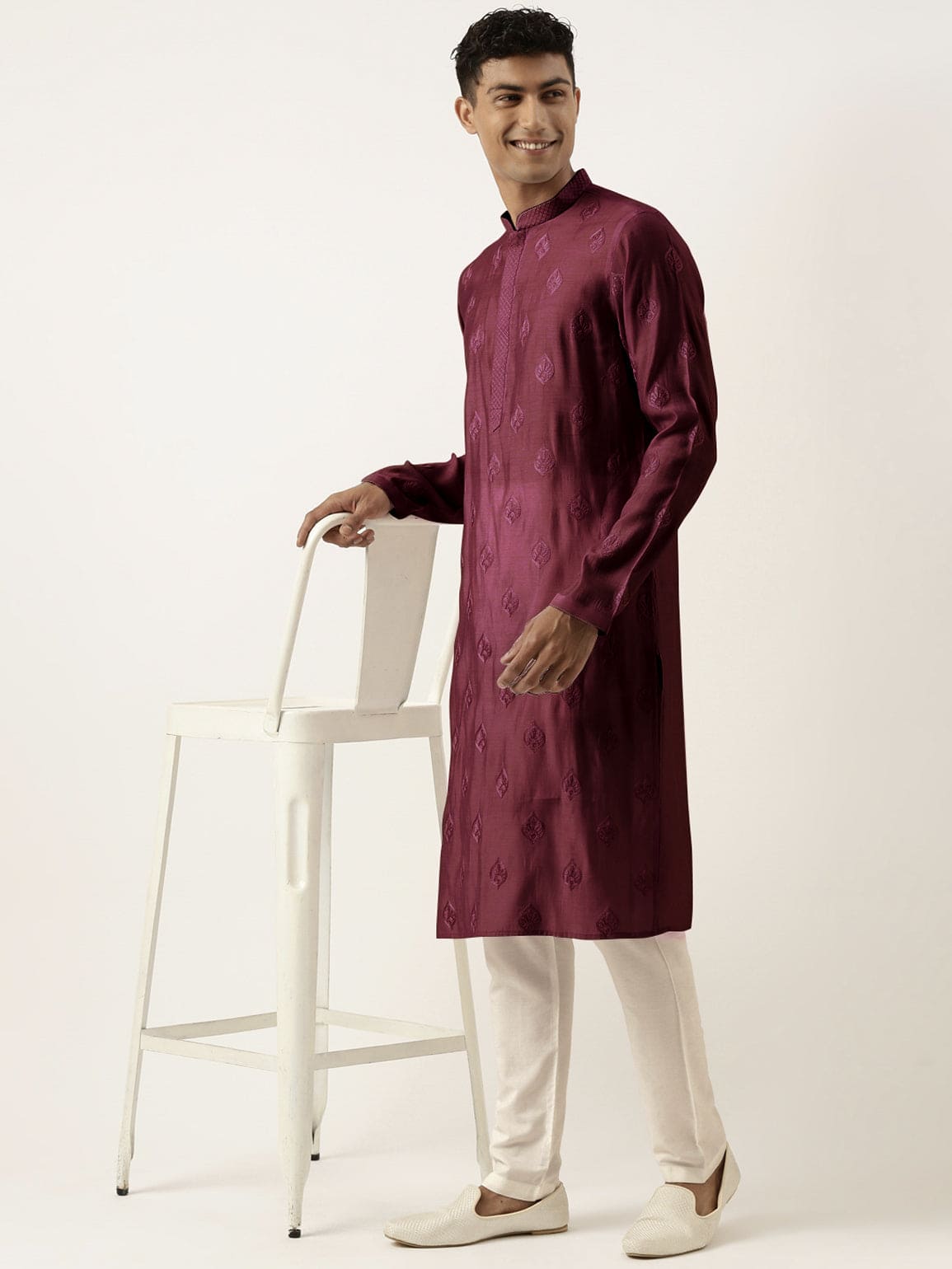 Wine Embroidered Kurta Set