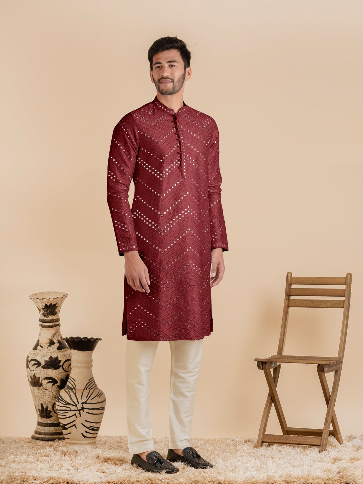 Maroon Silk Mirror Embroidered Kurta Set