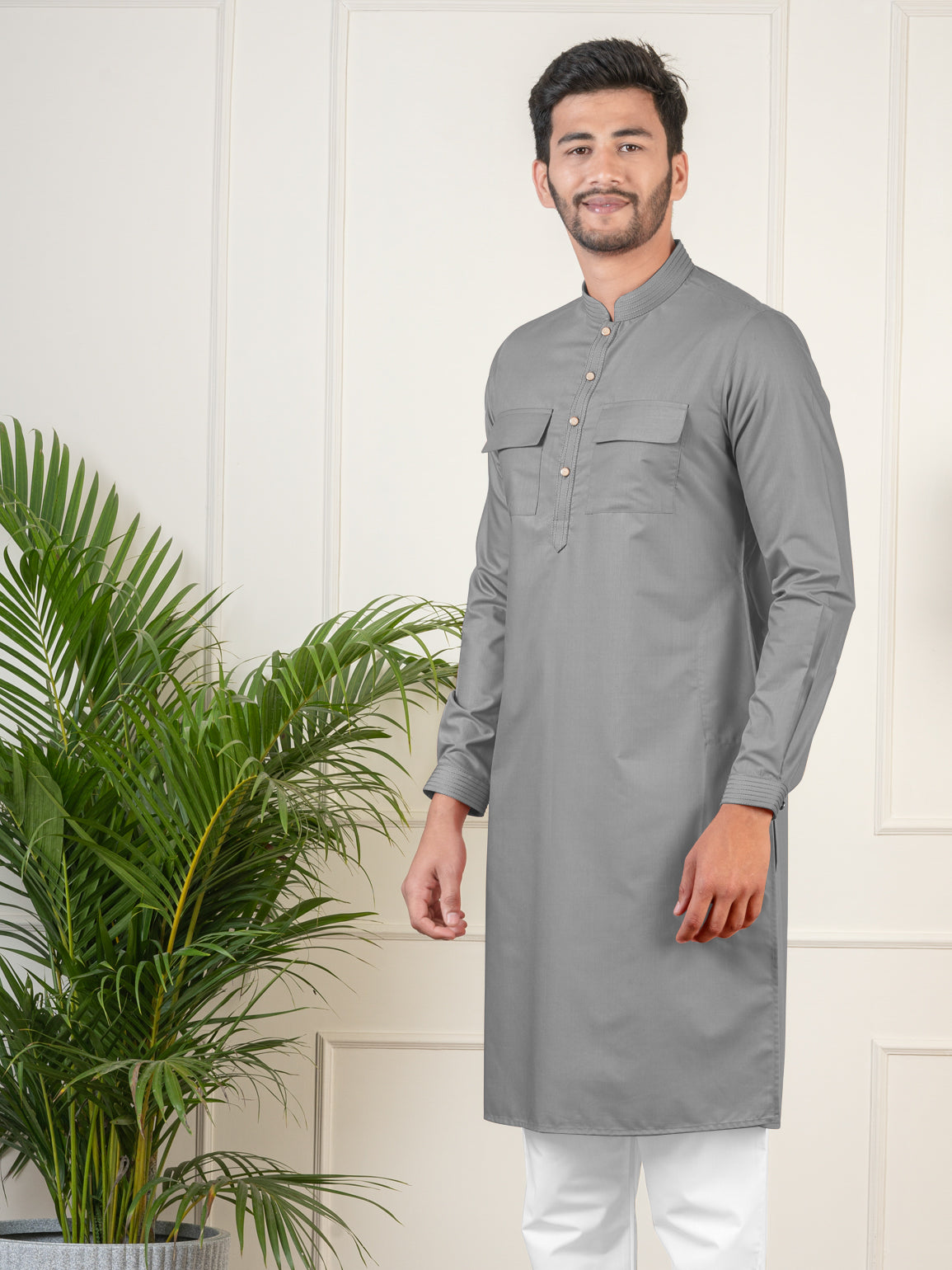 Grey Cotton Pathani Kurta Set with Patch pocket