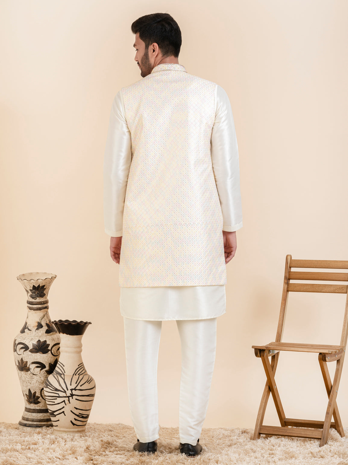 Off White Embroidered Bundi With Kurta Set