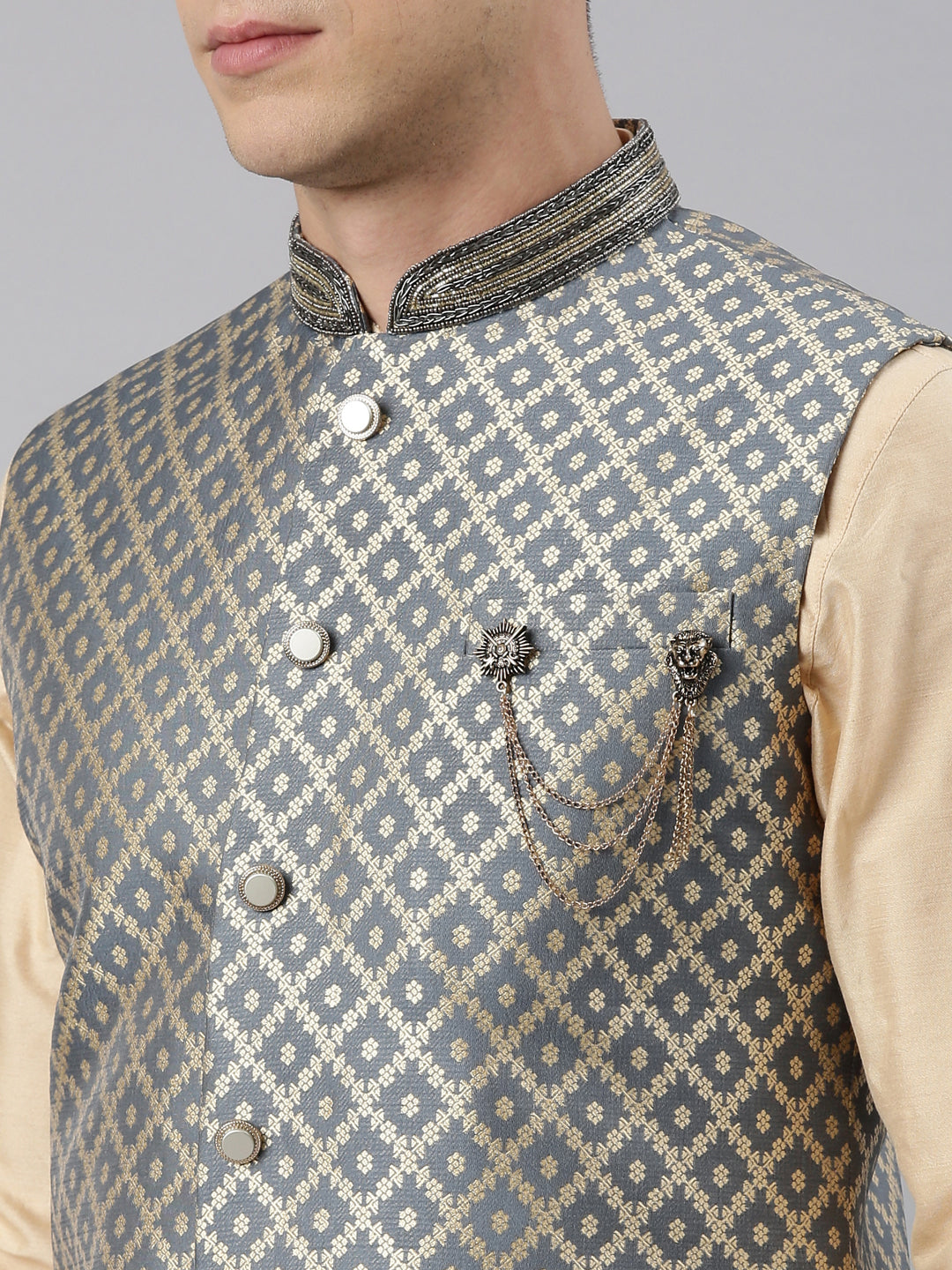 Grey Chanderi Silk Jacket With Cream Kurta