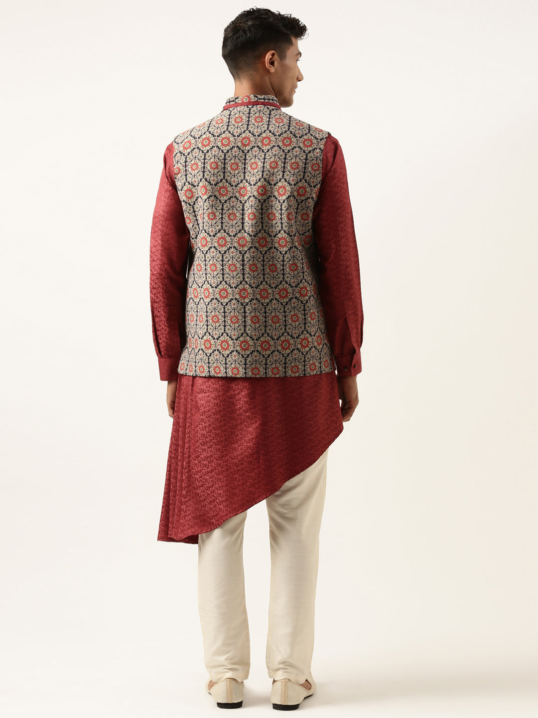 Printed Jacket with Self-design Drape Side-Open Kurta