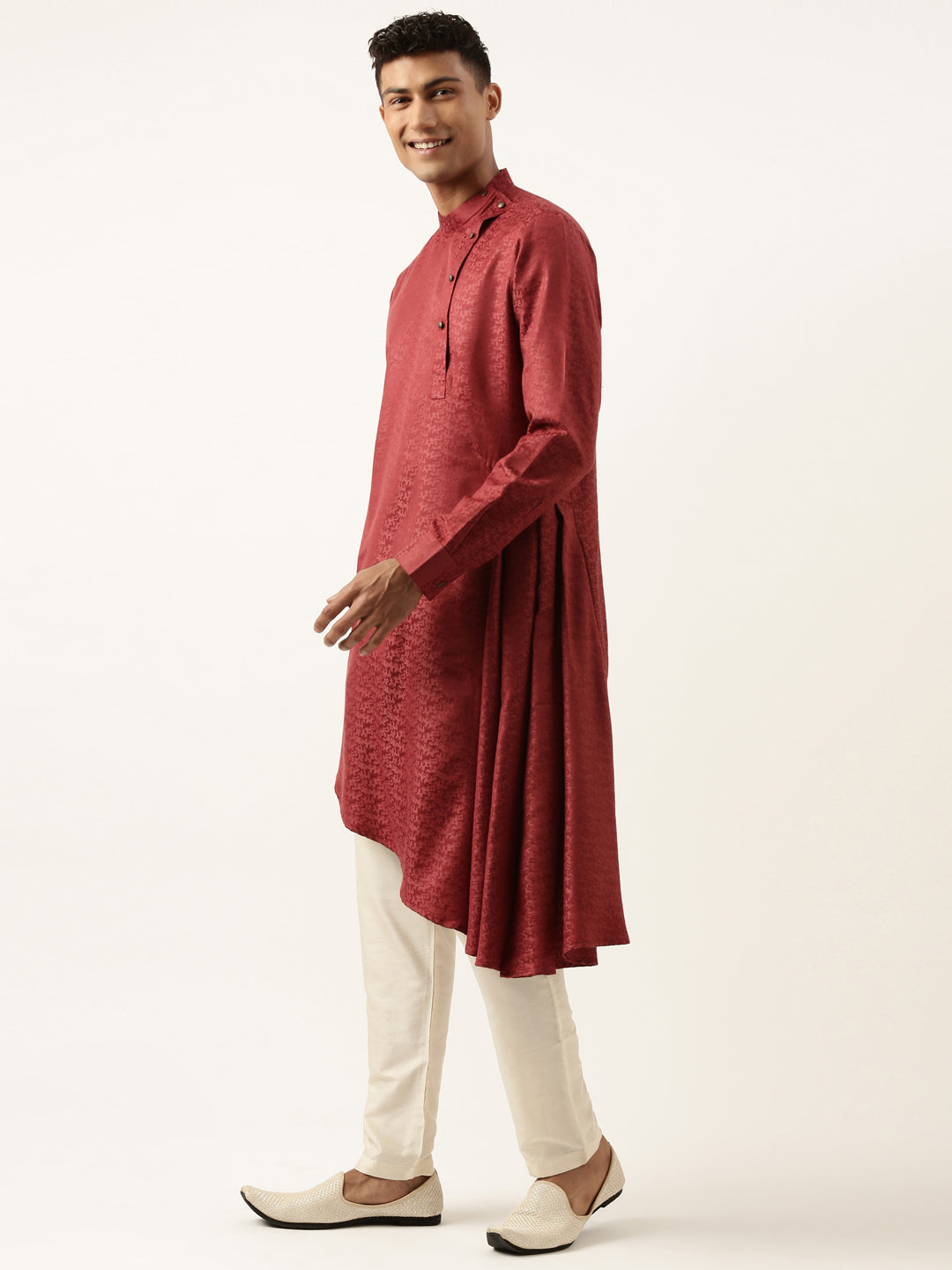 Printed Jacket with Self-design Drape Side-Open Kurta