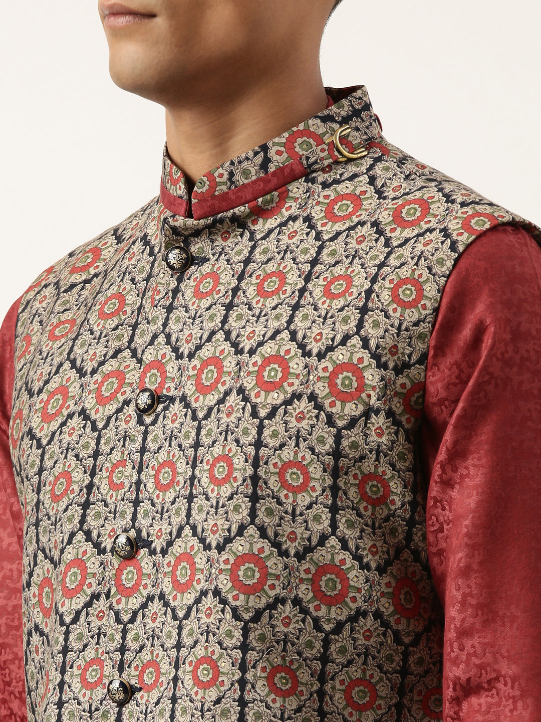 Printed Jacket with Self-design Drape Side-Open Kurta