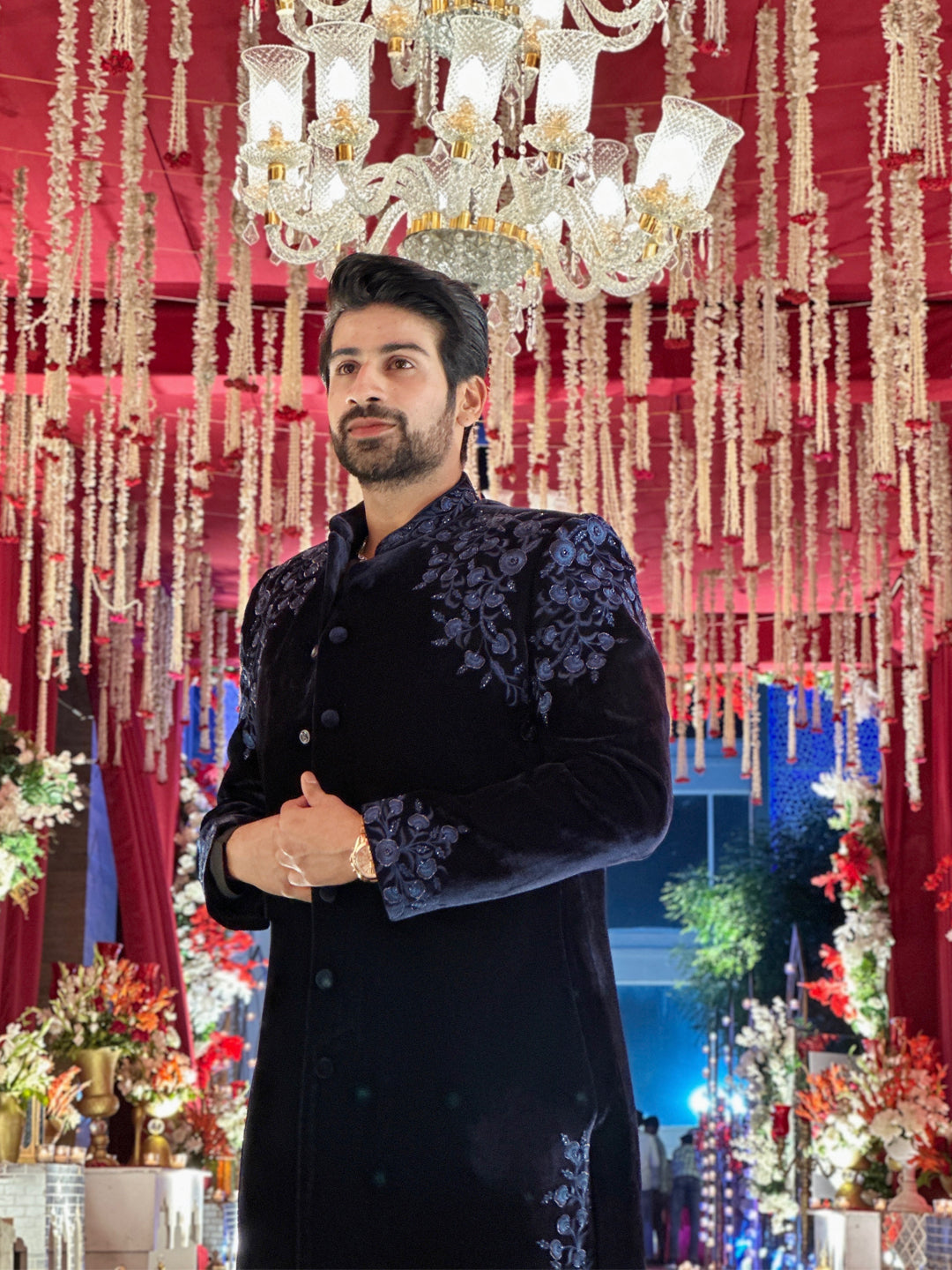 Aman Maheshwari in Navy velvet embroidery Achkan