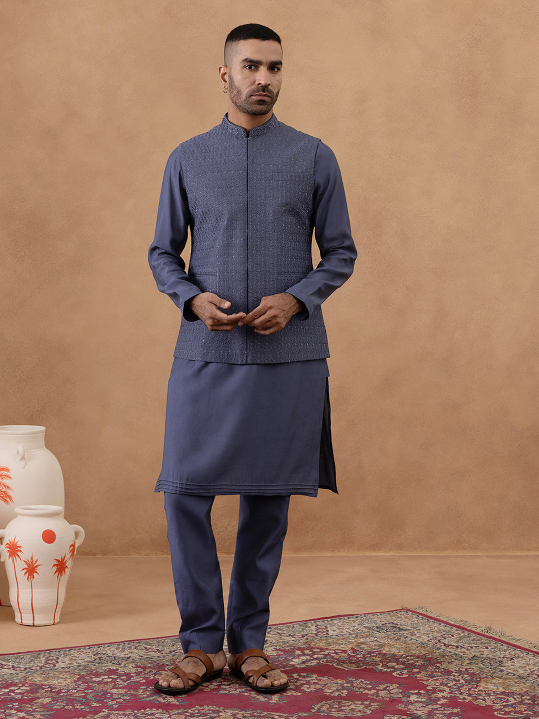 Steel Blue Grey Embroidered Long Jacket Kurta Set