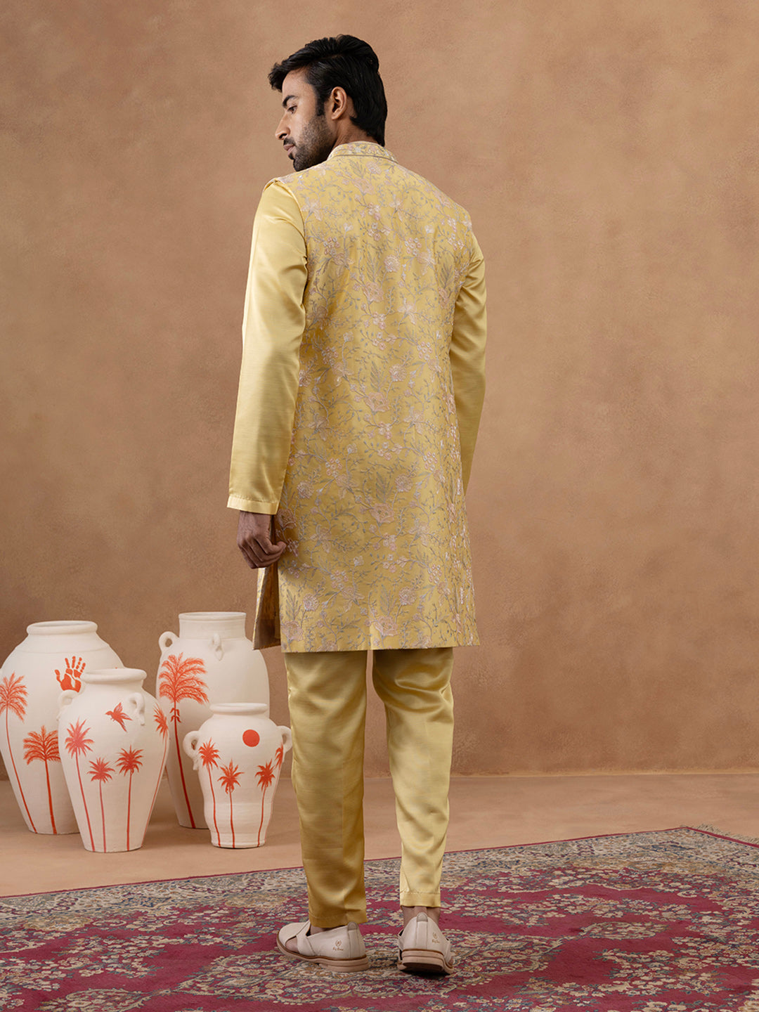 Yellow Long Bundi Kurta Set