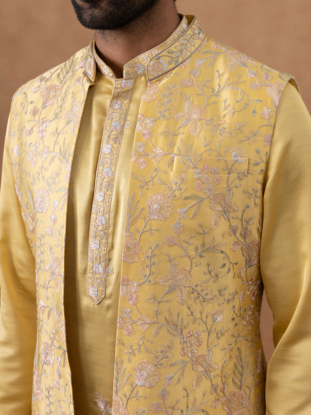 Yellow Long Bundi Kurta Set