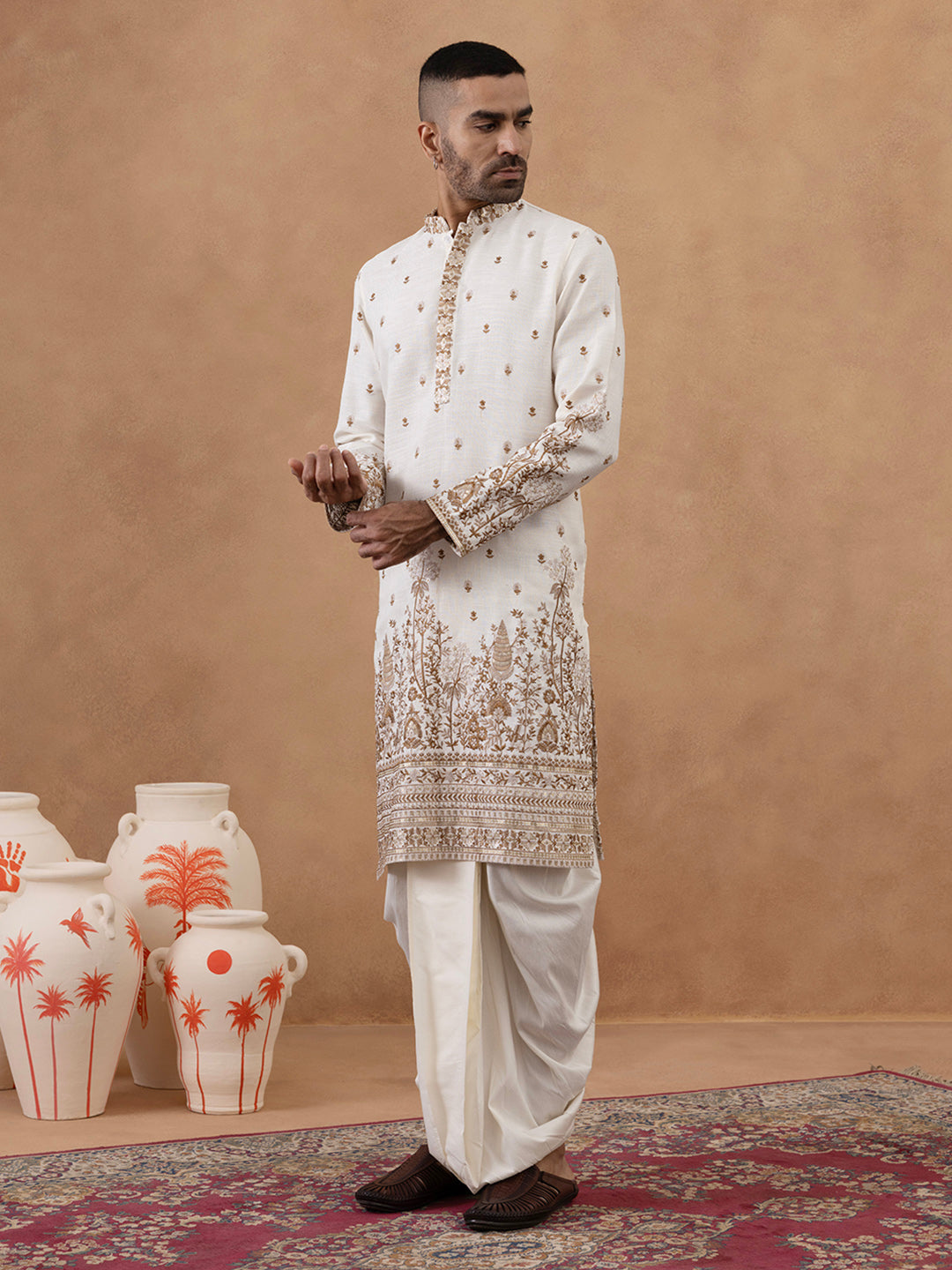 Cream Kurta with Detailed Front Machine Embroidery