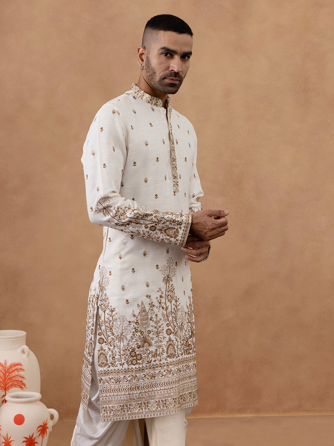 Cream Kurta with Detailed Front Machine Embroidery