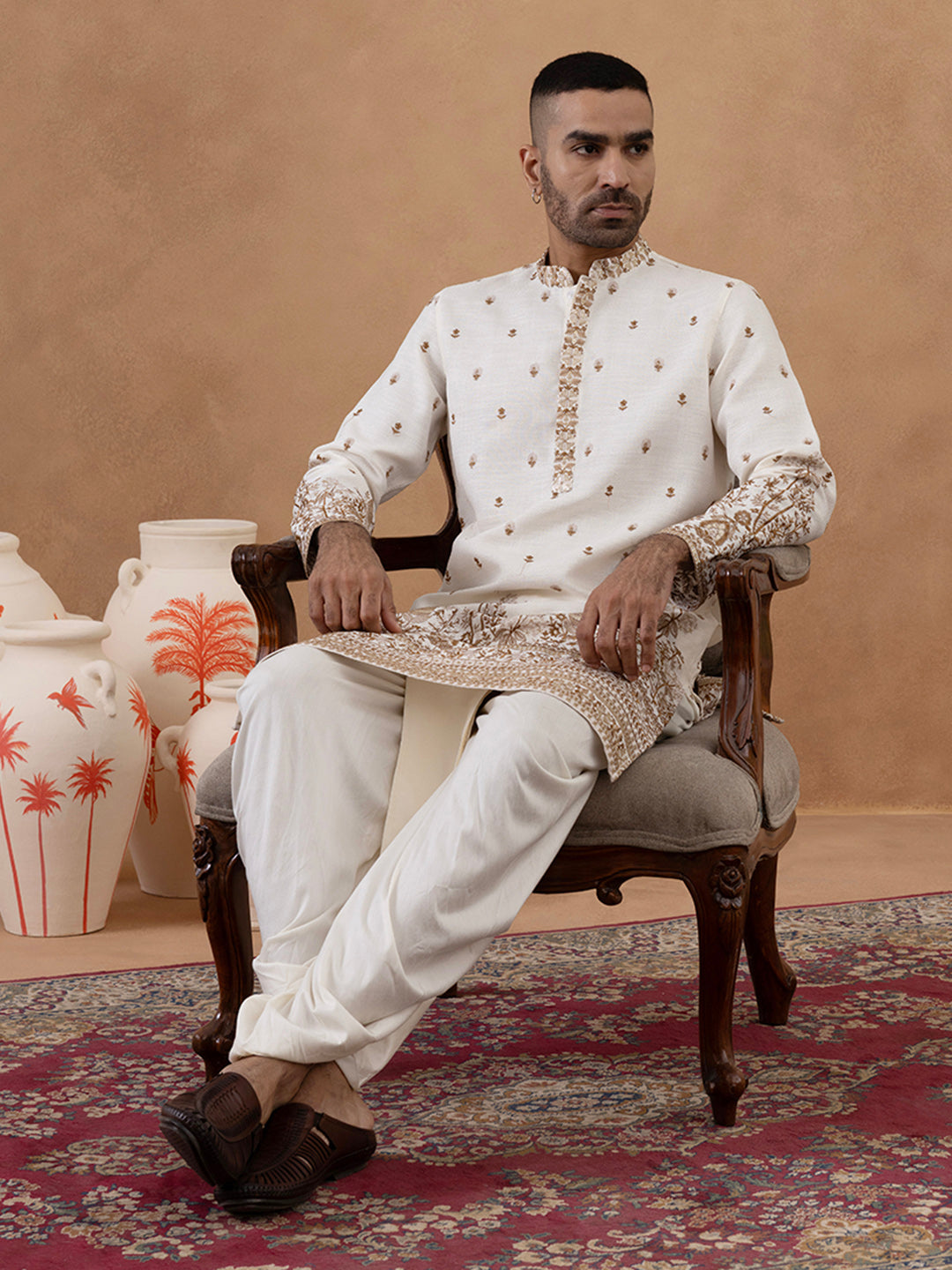 Cream Kurta with Detailed Front Machine Embroidery