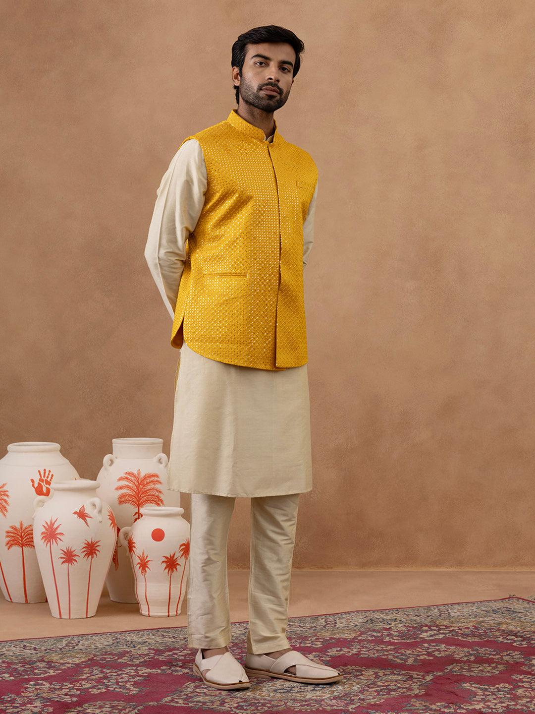 Yellow Sequin embroidered Bundi Kurta Set