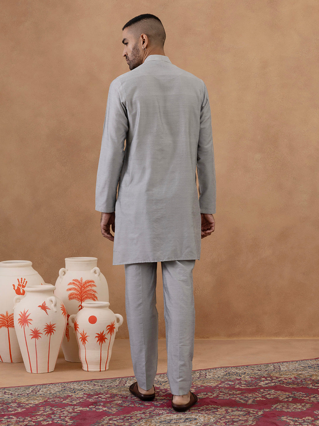 Grey Thread-Embroidered Long Bundi Kurta Set