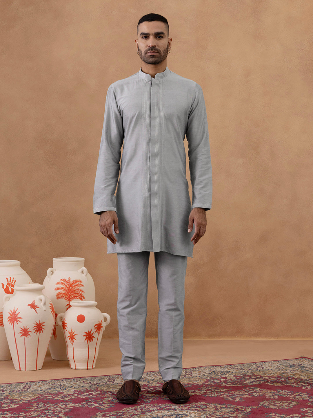 Grey Thread-Embroidered Long Bundi Kurta Set