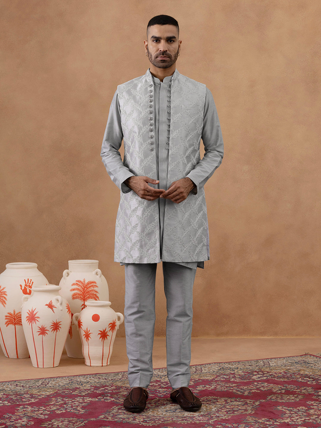 Grey Thread-Embroidered Long Bundi Kurta Set