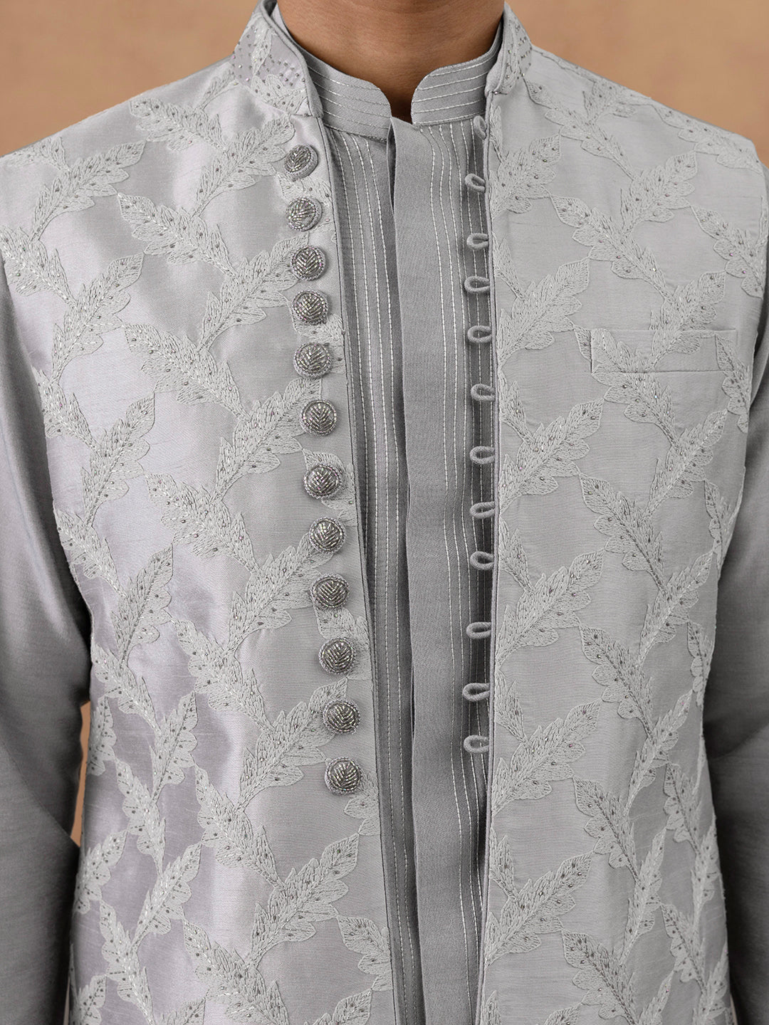 Grey Thread-Embroidered Long Bundi Kurta Set