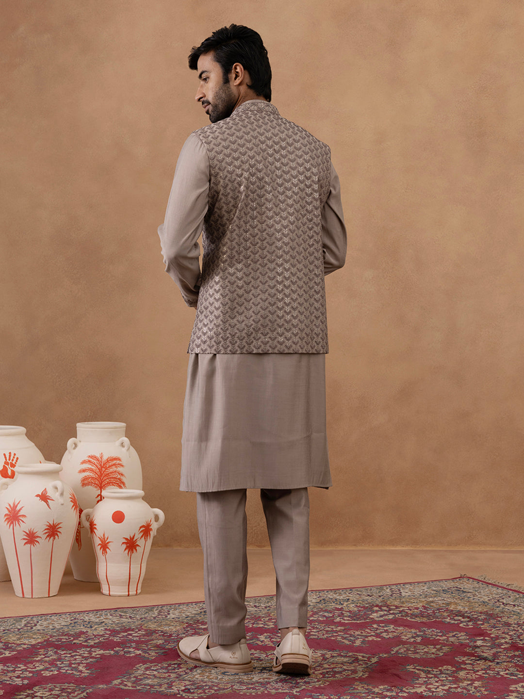 Light Brown Self-Embroidered Jacket Kurta Set