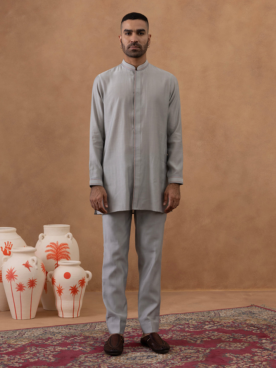 Grey Embroidered Indo-Western Jacket Kurta Set