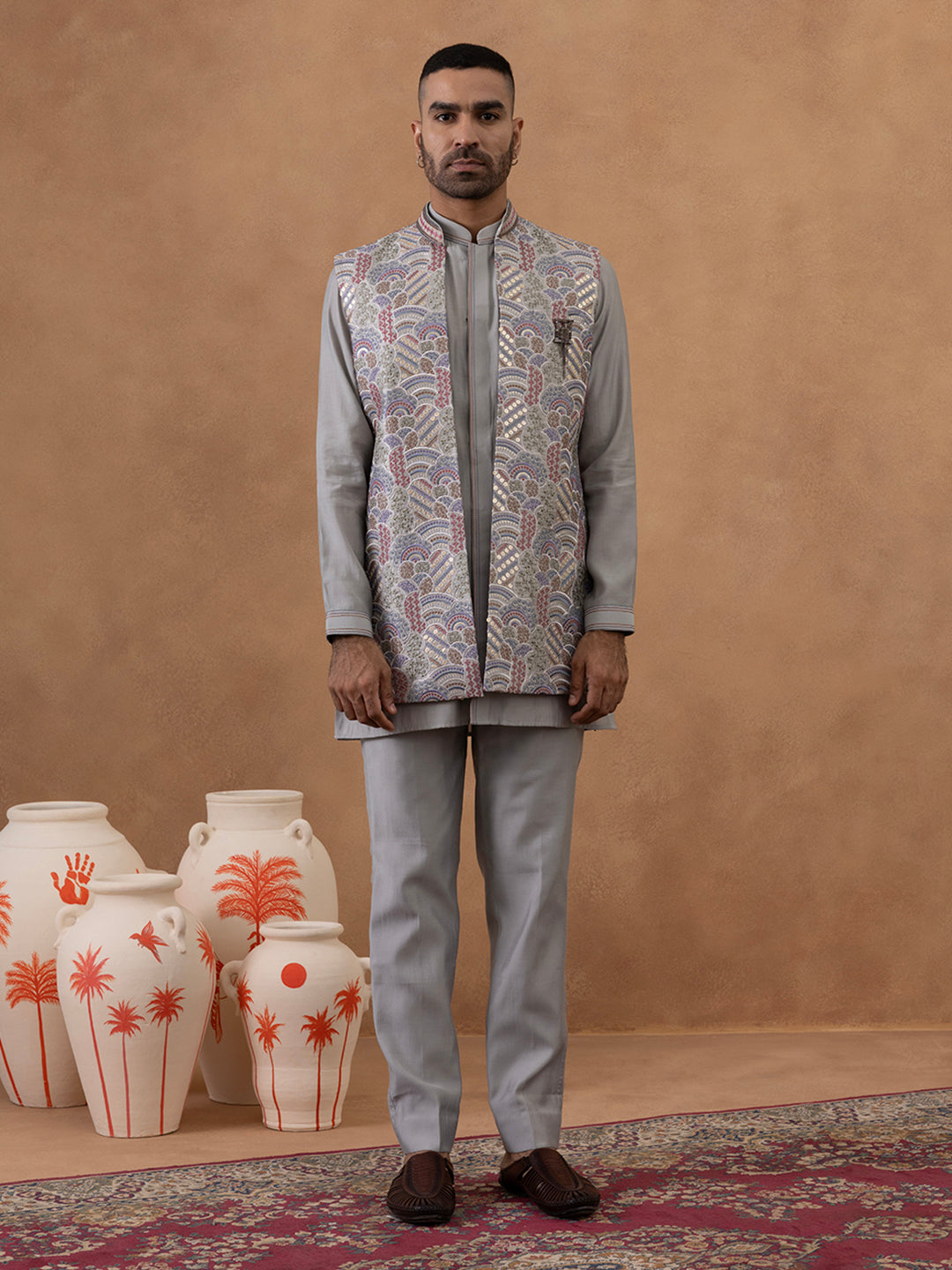 Grey Embroidered Indo-Western Jacket Kurta Set