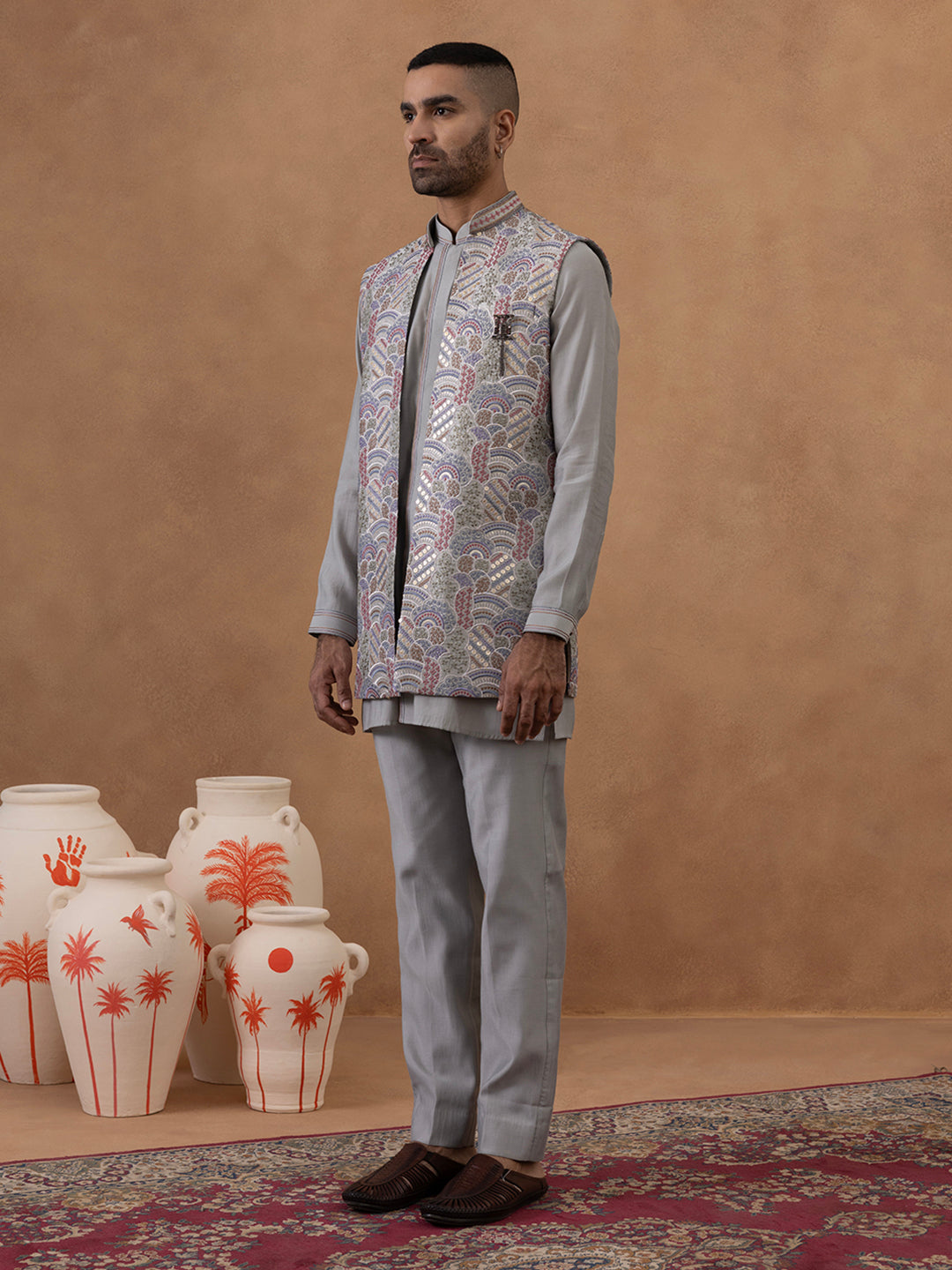 Grey Embroidered Indo-Western Jacket Kurta Set