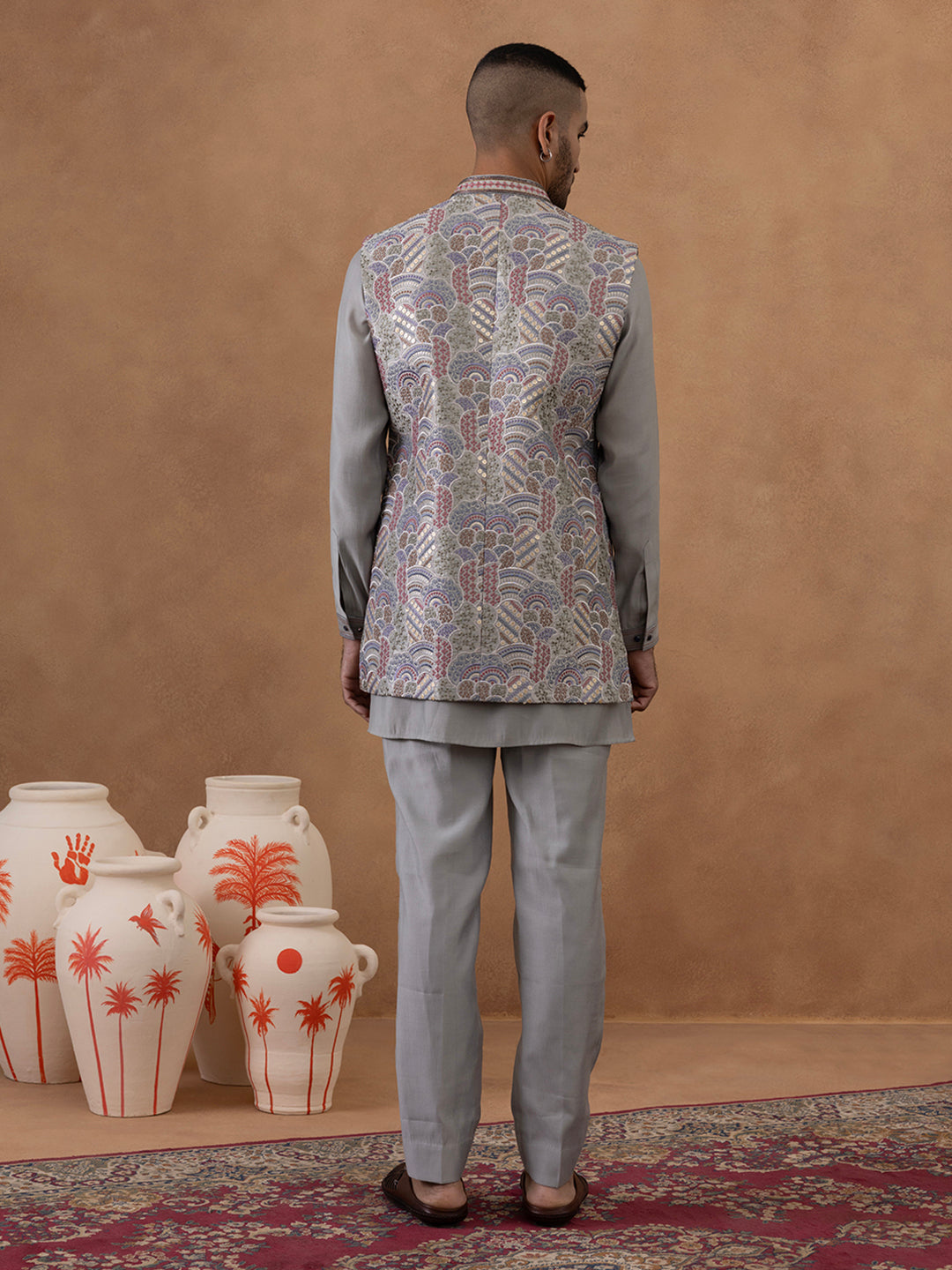 Grey Embroidered Indo-Western Jacket Kurta Set