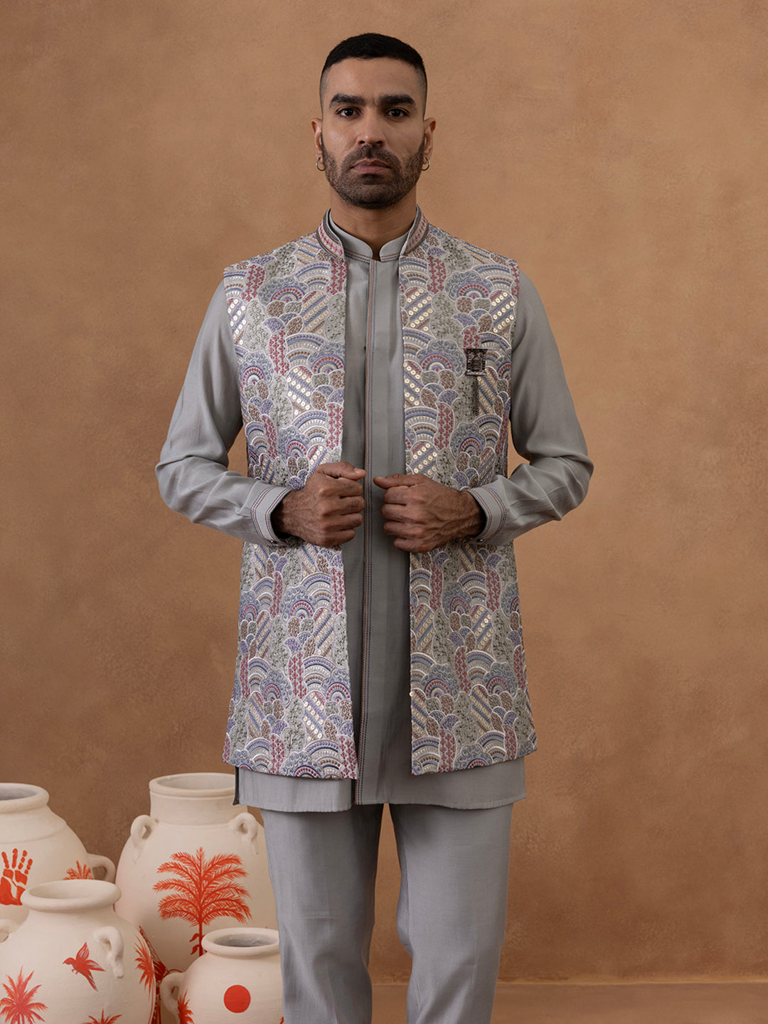 Grey Embroidered Indo-Western Jacket Kurta Set